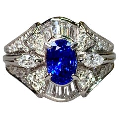 Estate Platinum Royal Blue Oval Sapphire Marquise Baguette Diamond Cocktail Ring