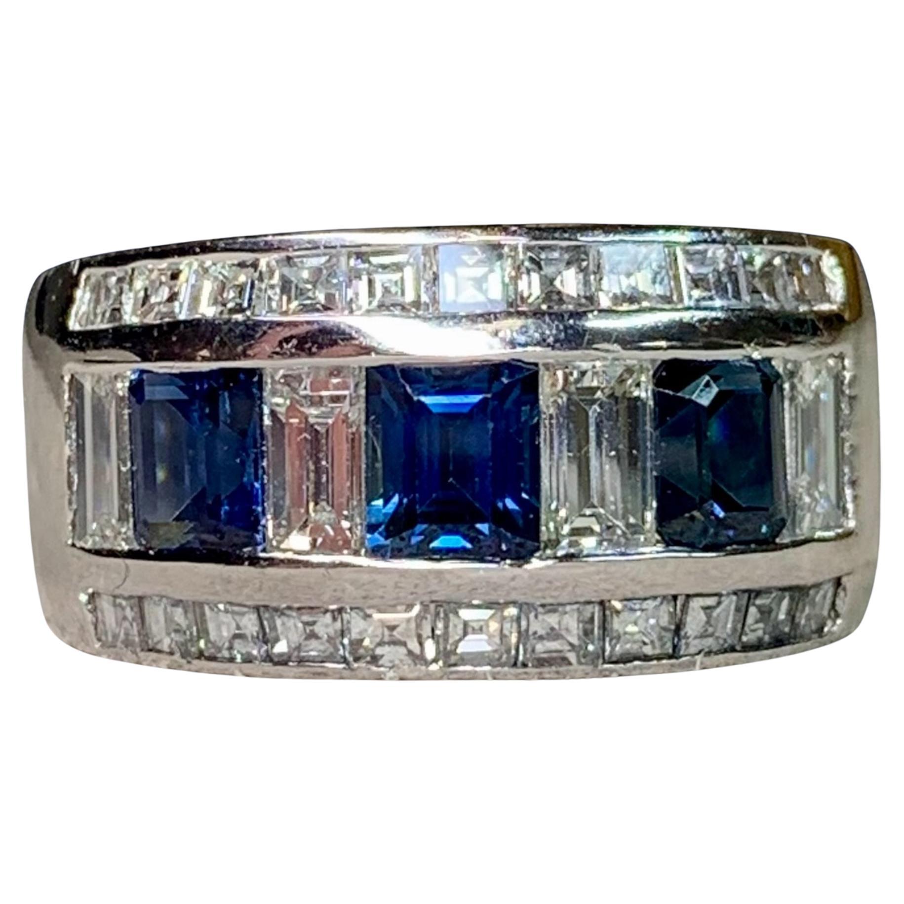 Estate Platinum Sapphire and Baguette Diamond Wide Band Cocktail Ring 5.80ctw