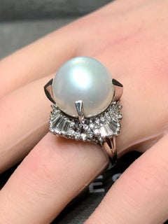 Estate Platinum South Sea Pearl Baguette Round Diamond Cocktail Ring 14.75mm