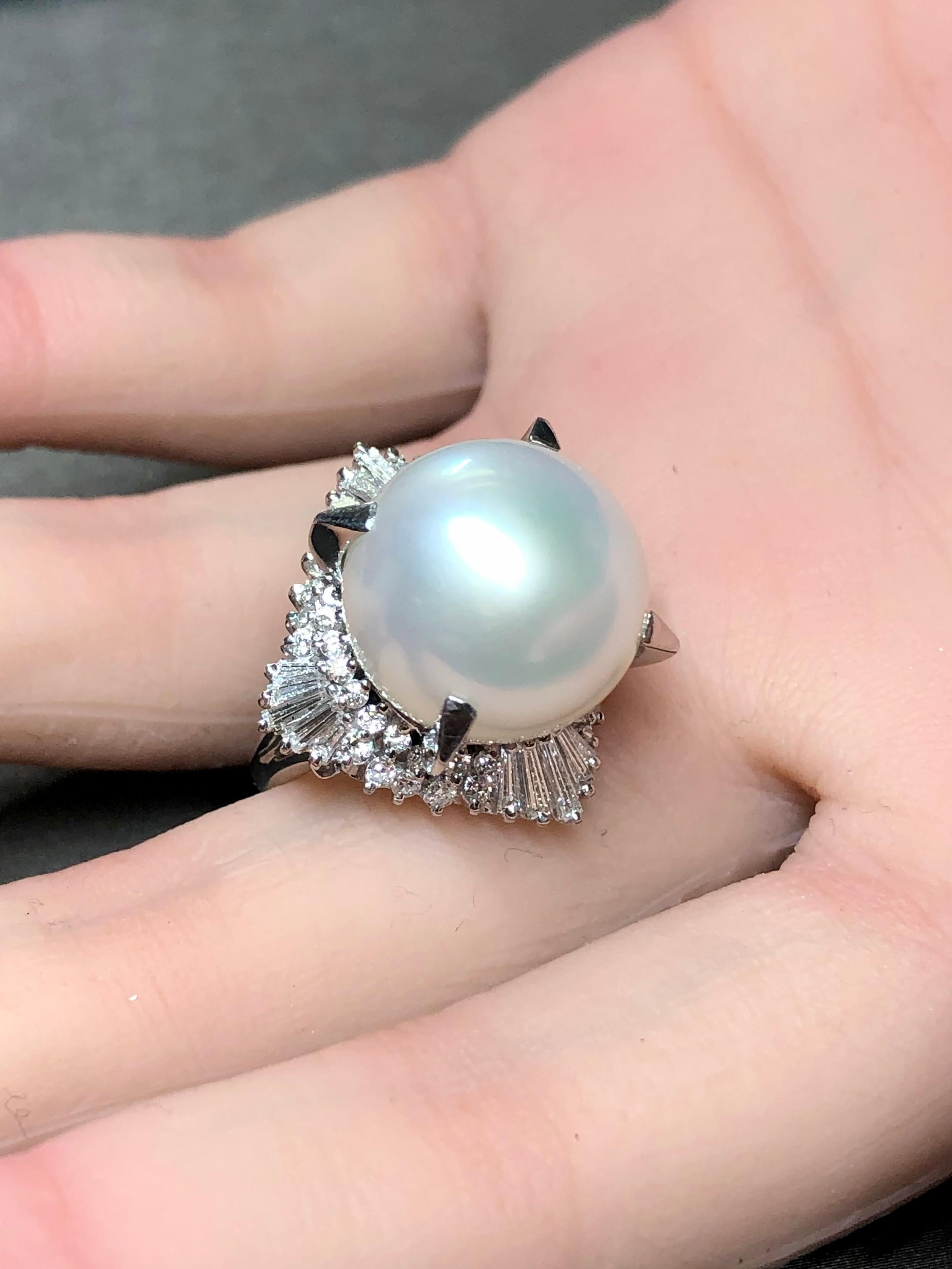 da uomo o donna Anello di platino Estate South Sea Pearl Baguette Round Diamond Cocktail Ring 14,75 mm in vendita