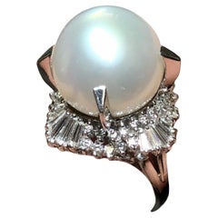 Estate Platinum South Sea Pearl Baguette Round Diamond Cocktail Ring 14.75mm