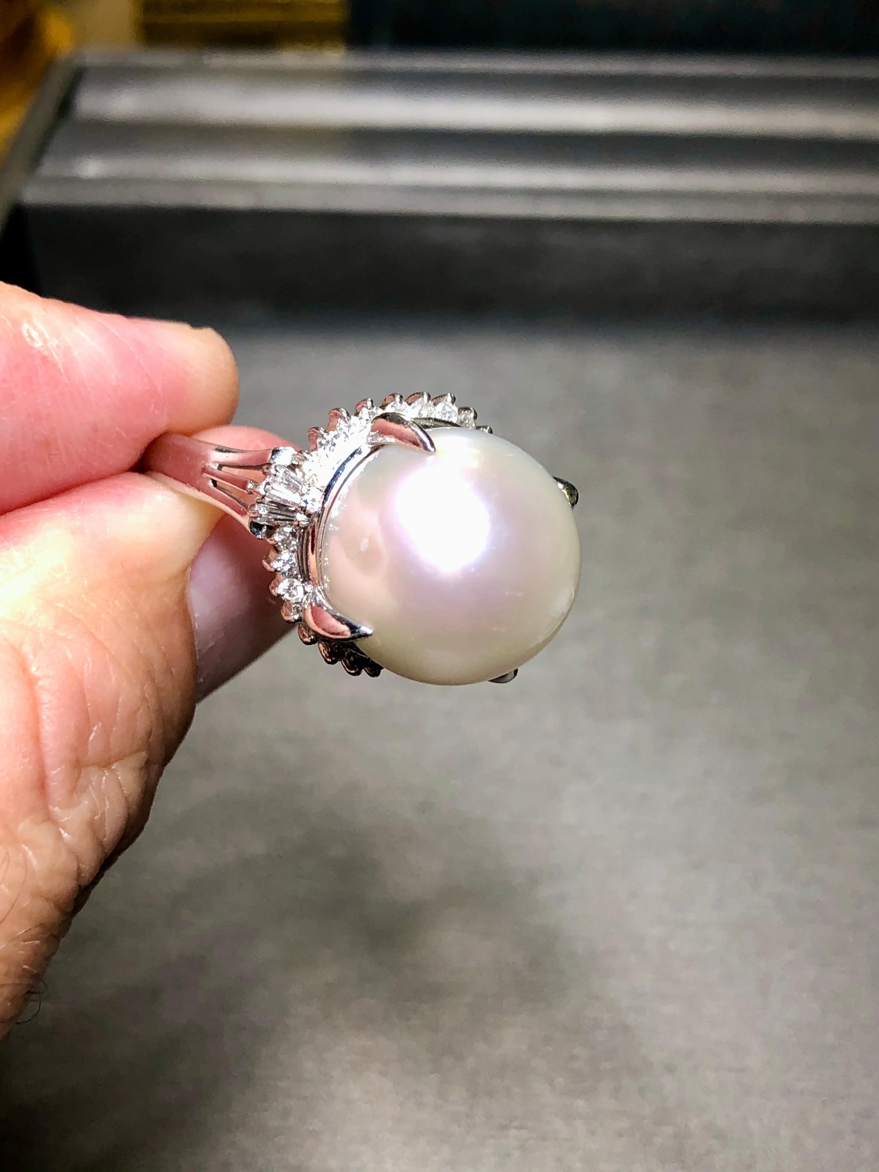 Women's or Men's Estate Platinum South Sea Pearl Diamond Cocktail Ring 14.50mm Sz 8 For Sale