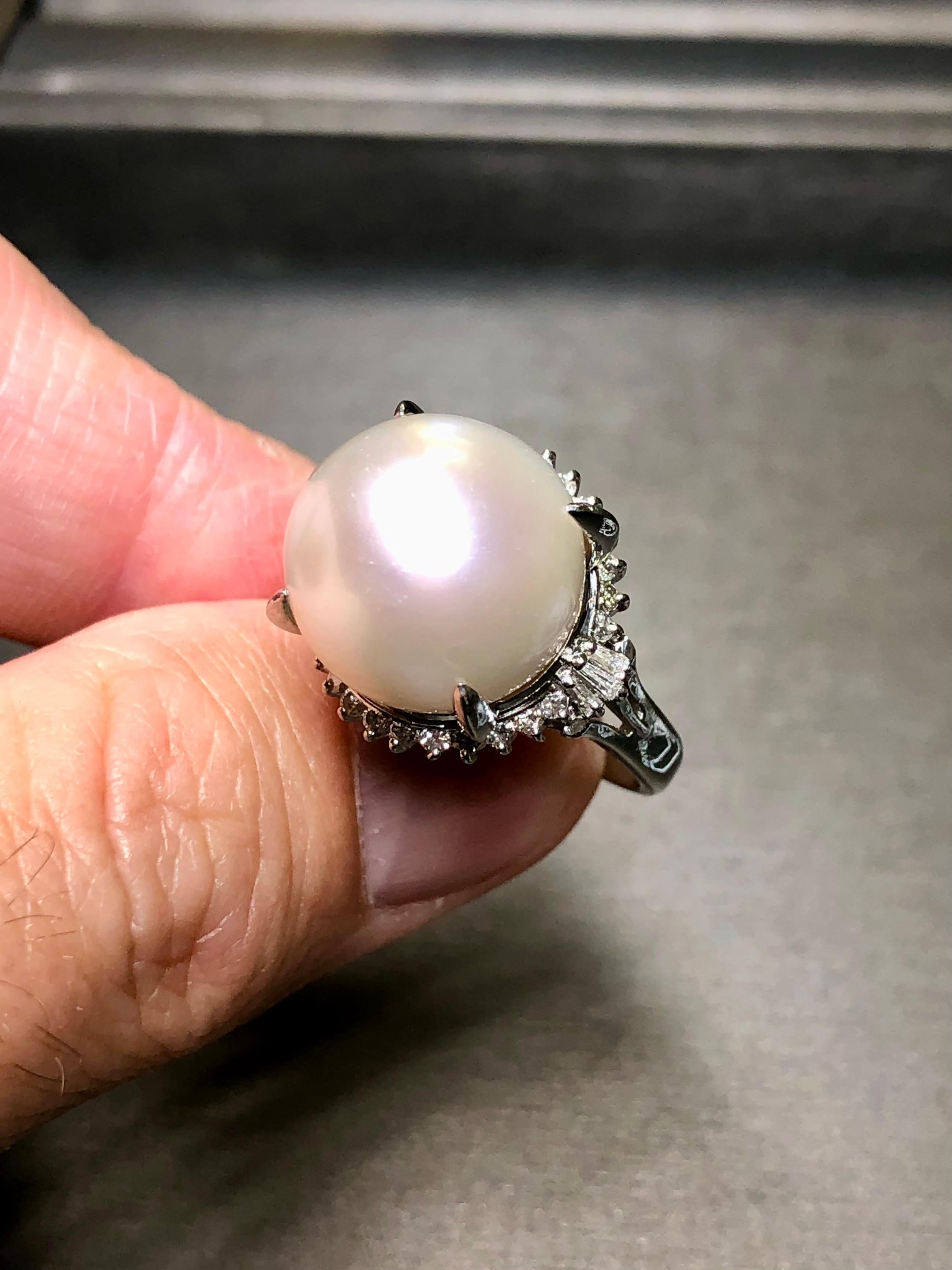 Estate Platinum South Sea Pearl Diamond Cocktail Ring 14.50mm Sz 8 For Sale 1