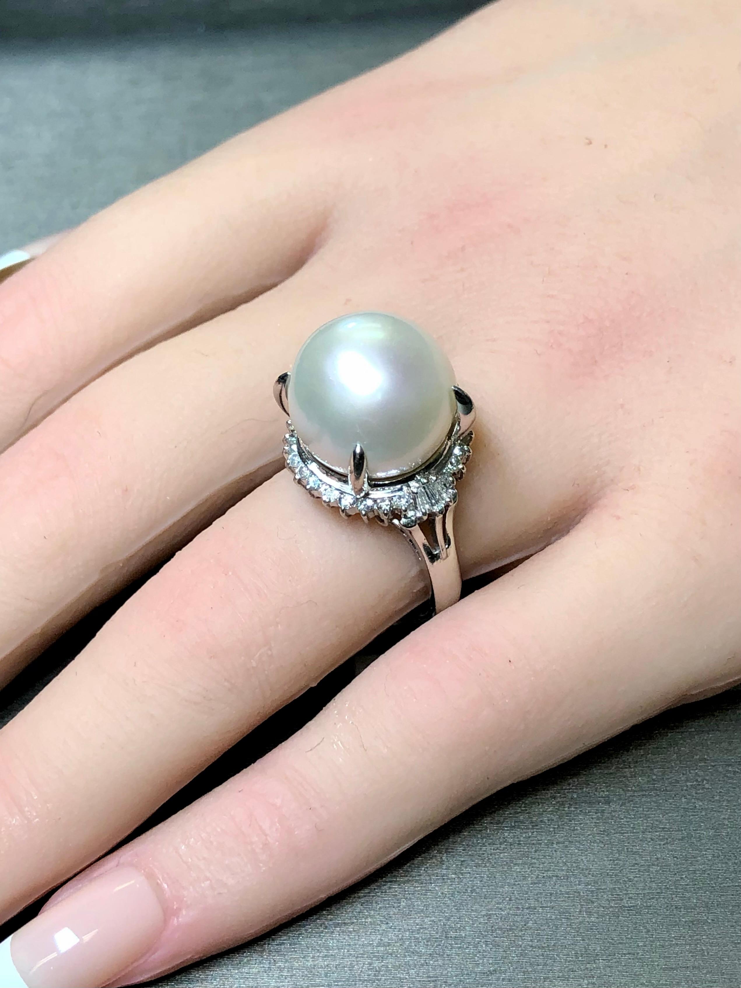 Estate Platinum South Sea Pearl Diamond Cocktail Ring 14.50mm Sz 8 For Sale 2