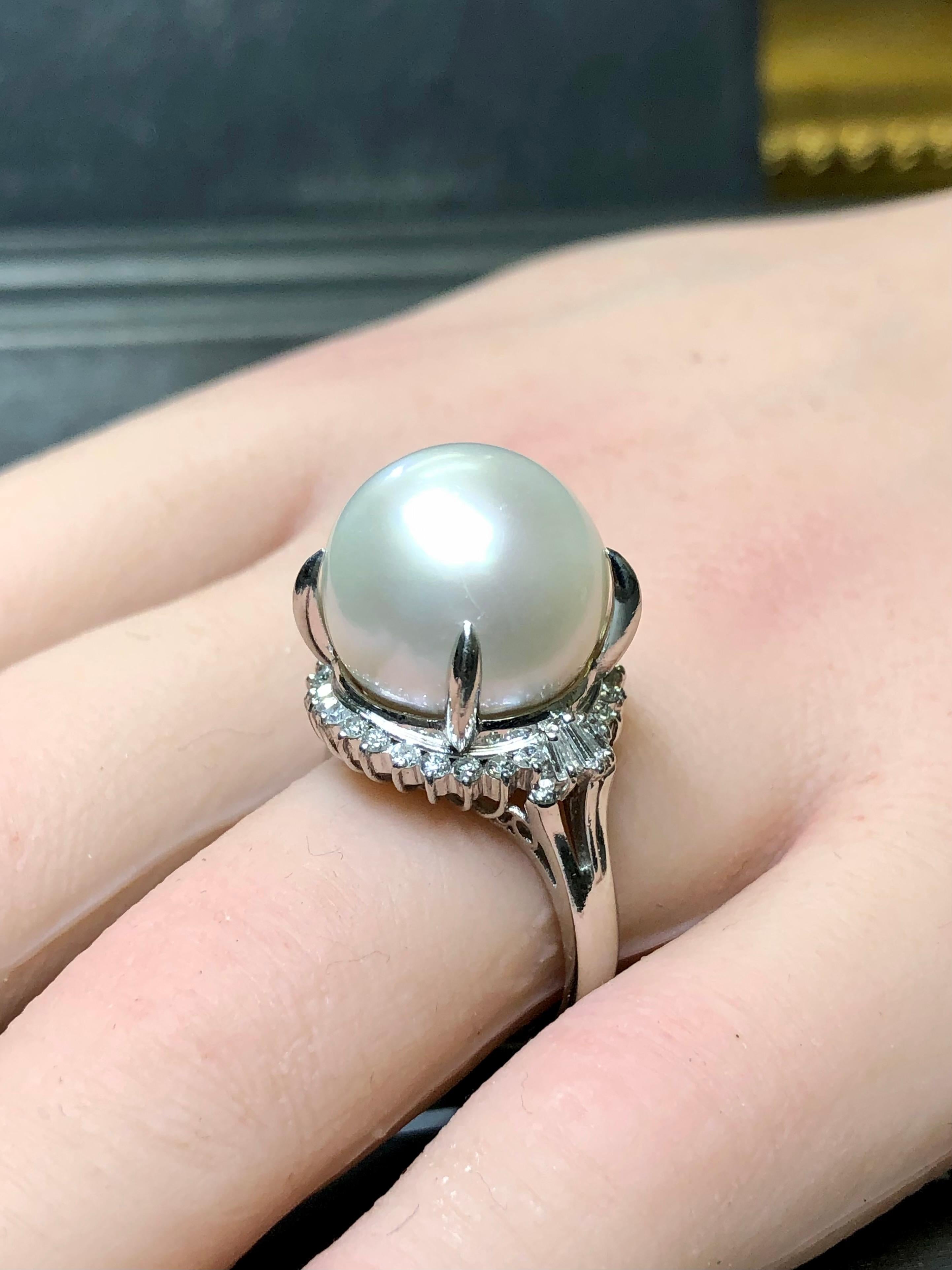 Estate Platinum South Sea Pearl Diamond Cocktail Ring 14.50mm Sz 8 For Sale 3