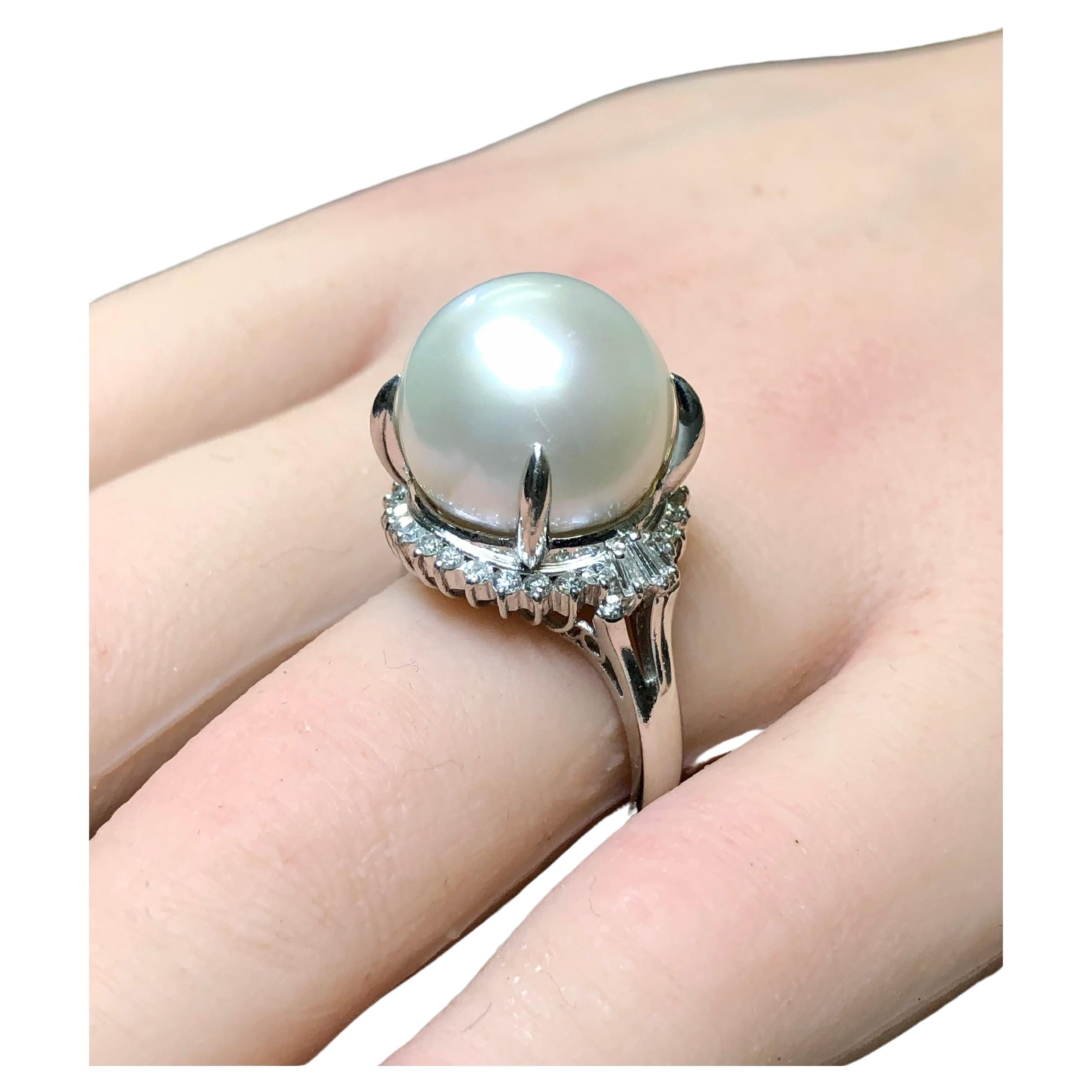 Anello di platino Estate con perle dei mari del sud e diamanti 14,50 mm Sz 8