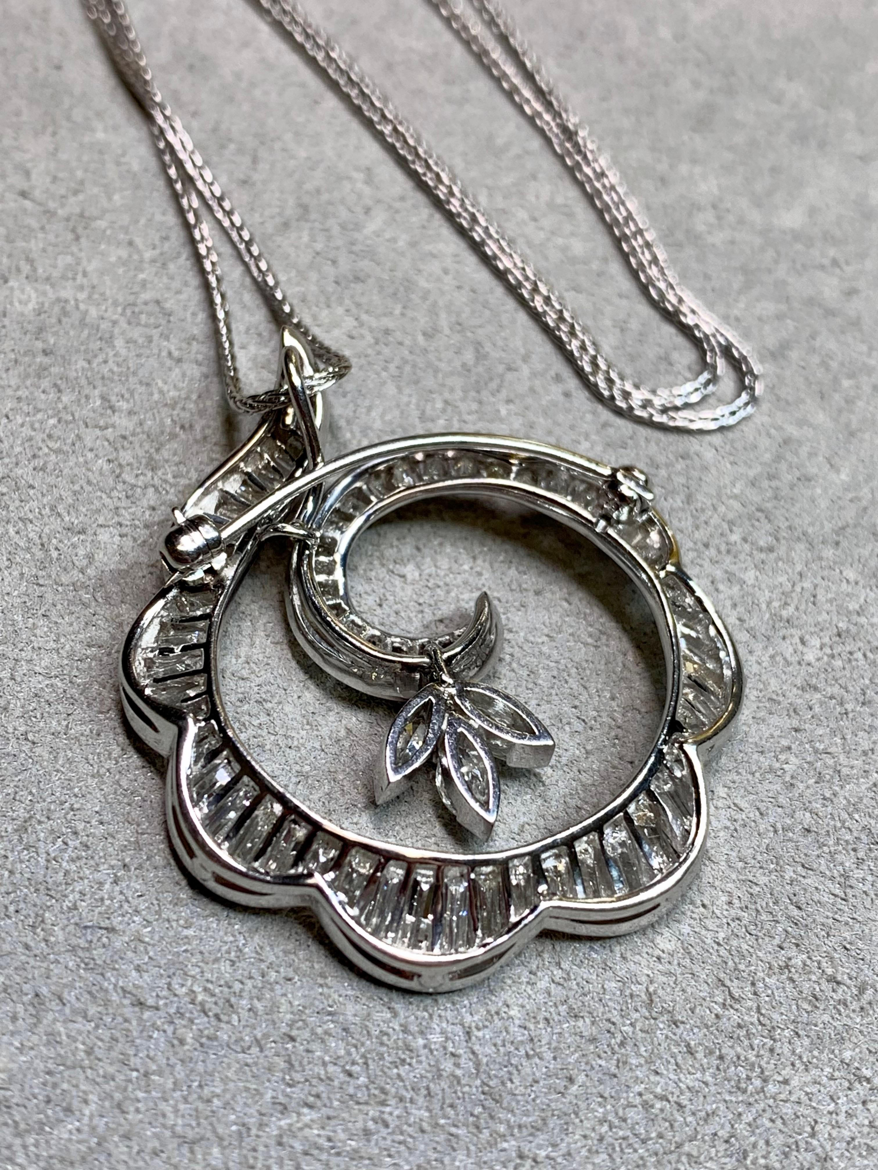 Estate Platinum Wirbel Baguette Marquise Diamant Brosche Anhänger Halskette G Vs 18