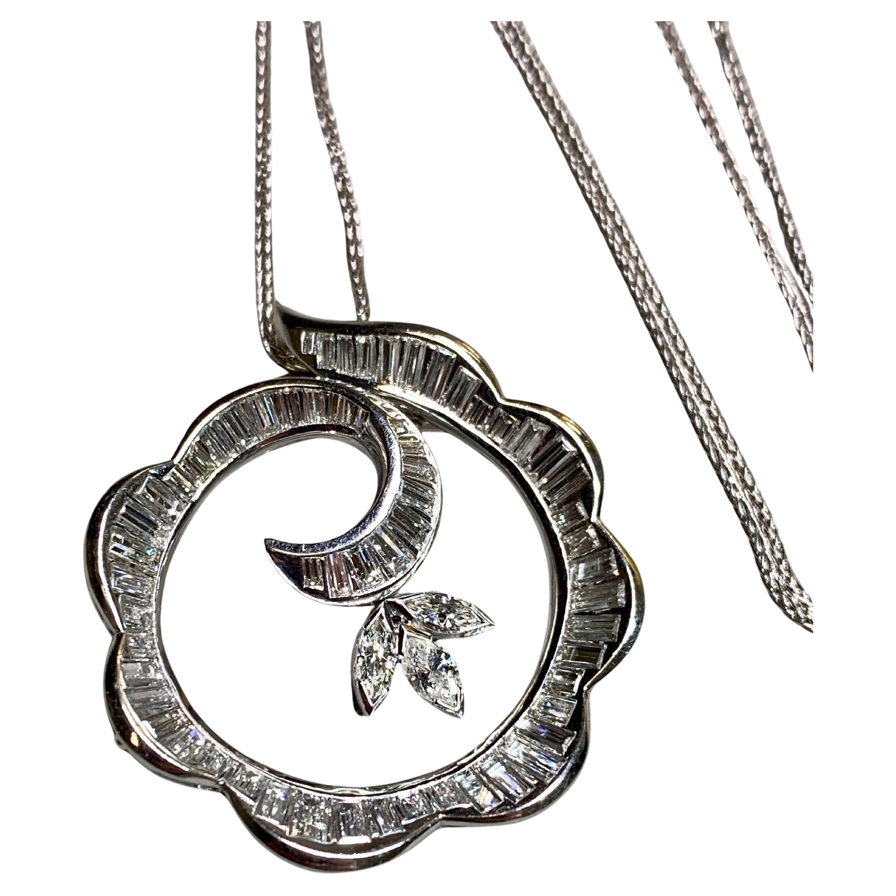 Estate Platinum Wirbel Baguette Marquise Diamant Brosche Anhänger Halskette G Vs 18" im Angebot