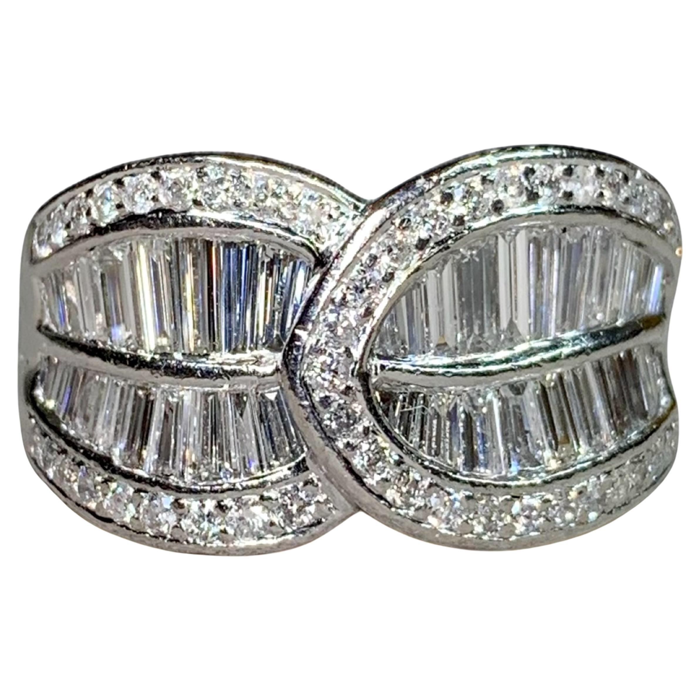 Estate Platinum Tapered Baguette Round Diamond Interlocking Cocktail Ring G Vs For Sale
