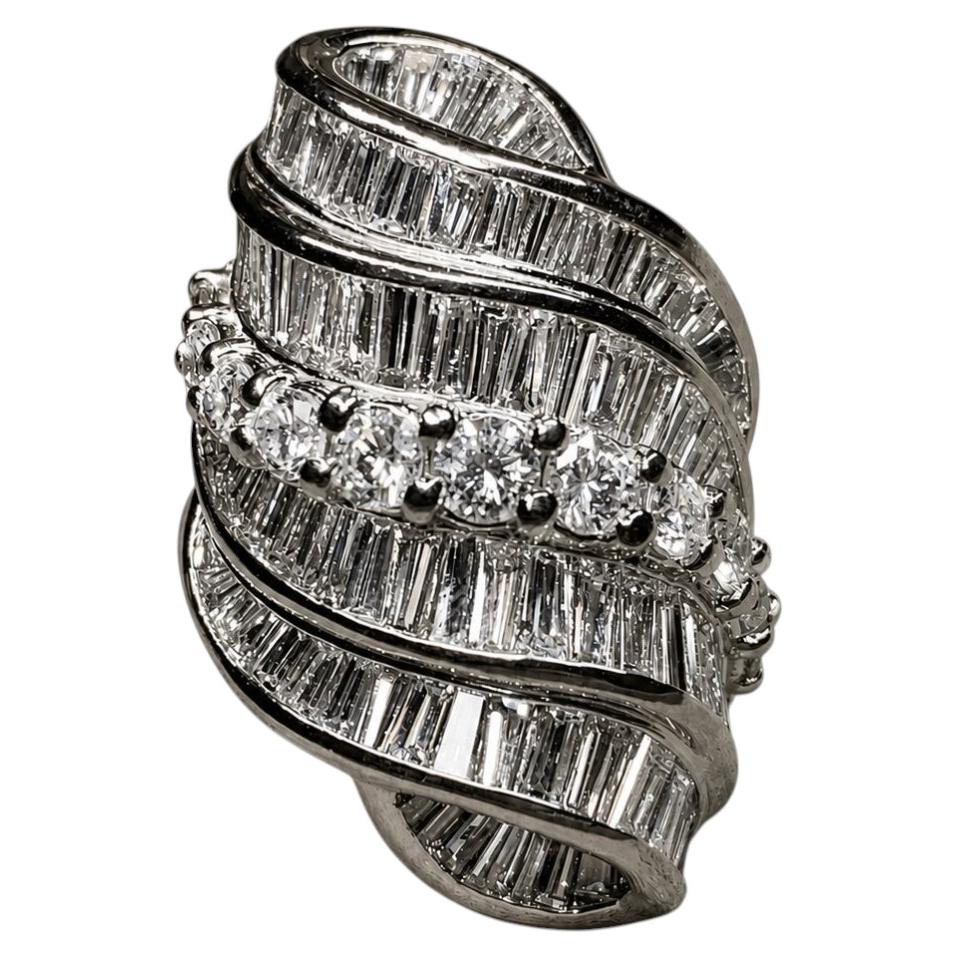 Estate Platinum Twisted Ribbon Baguette Round Diamond Cocktail Ring 7ctw
