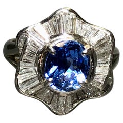 Estate Platinun NO HEAT Ceylon Sapphire Baguette Diamond Ring GIA 3.80cttw 