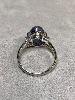 Estate Platium Cabochon Star Sapphire & Baguette Diamond Classic 3 Stone Ring