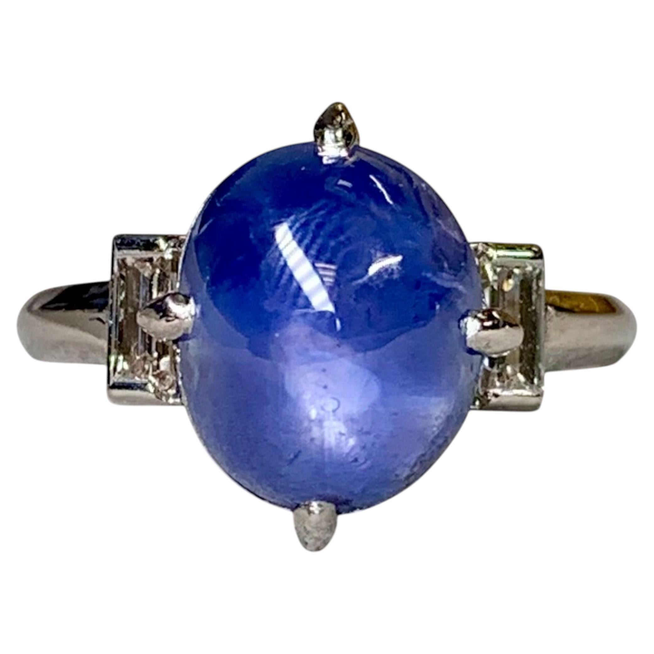 Estate Platium Cabochon Star Sapphire & Baguette Diamond Classic 3 Stone Ring