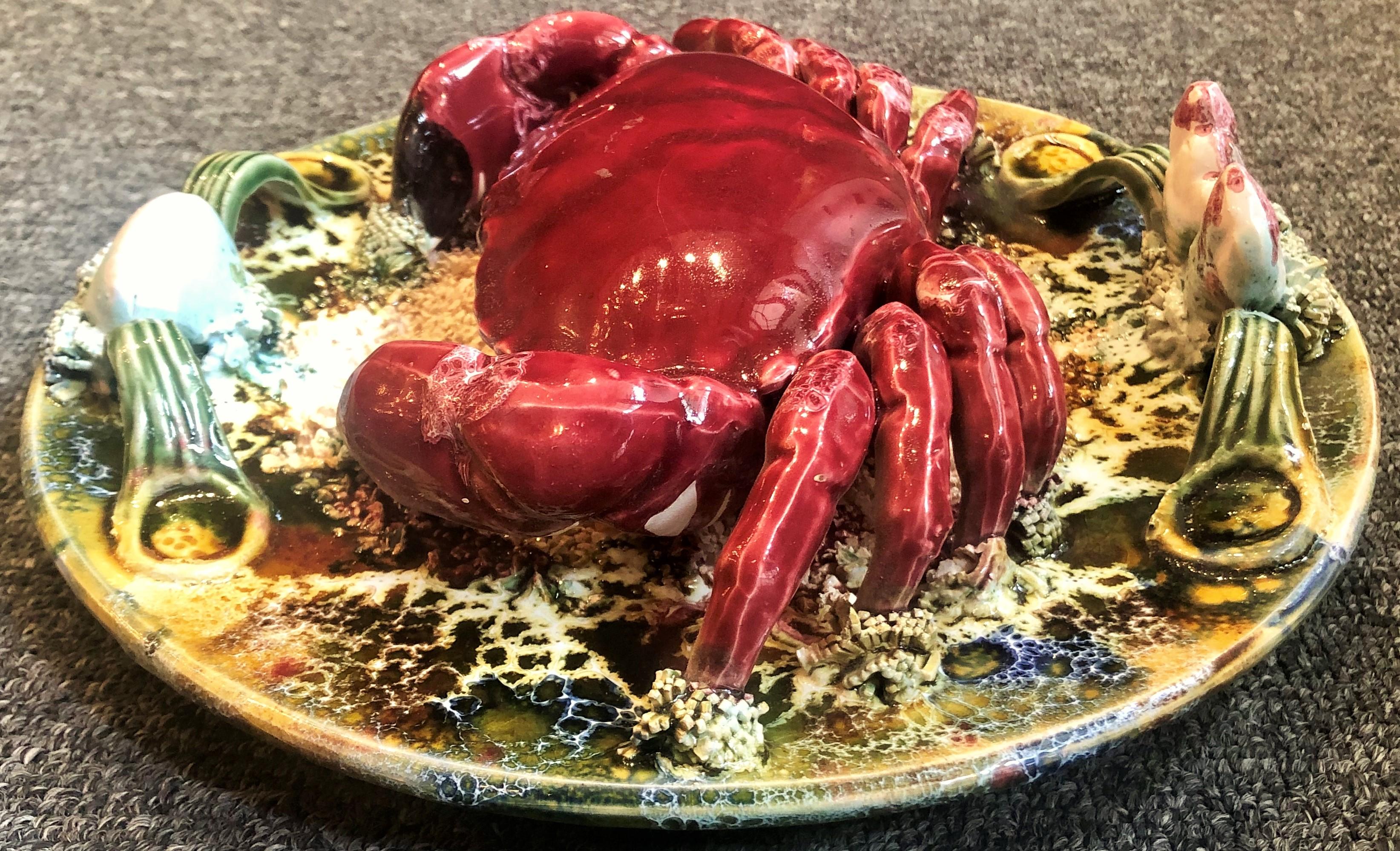 Estate Portuguese hand painted Majolica seafood plate, small crab design.