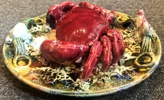 Estate Portuguese Hand Painted Majolica Seafood Plate, Small Crab Design