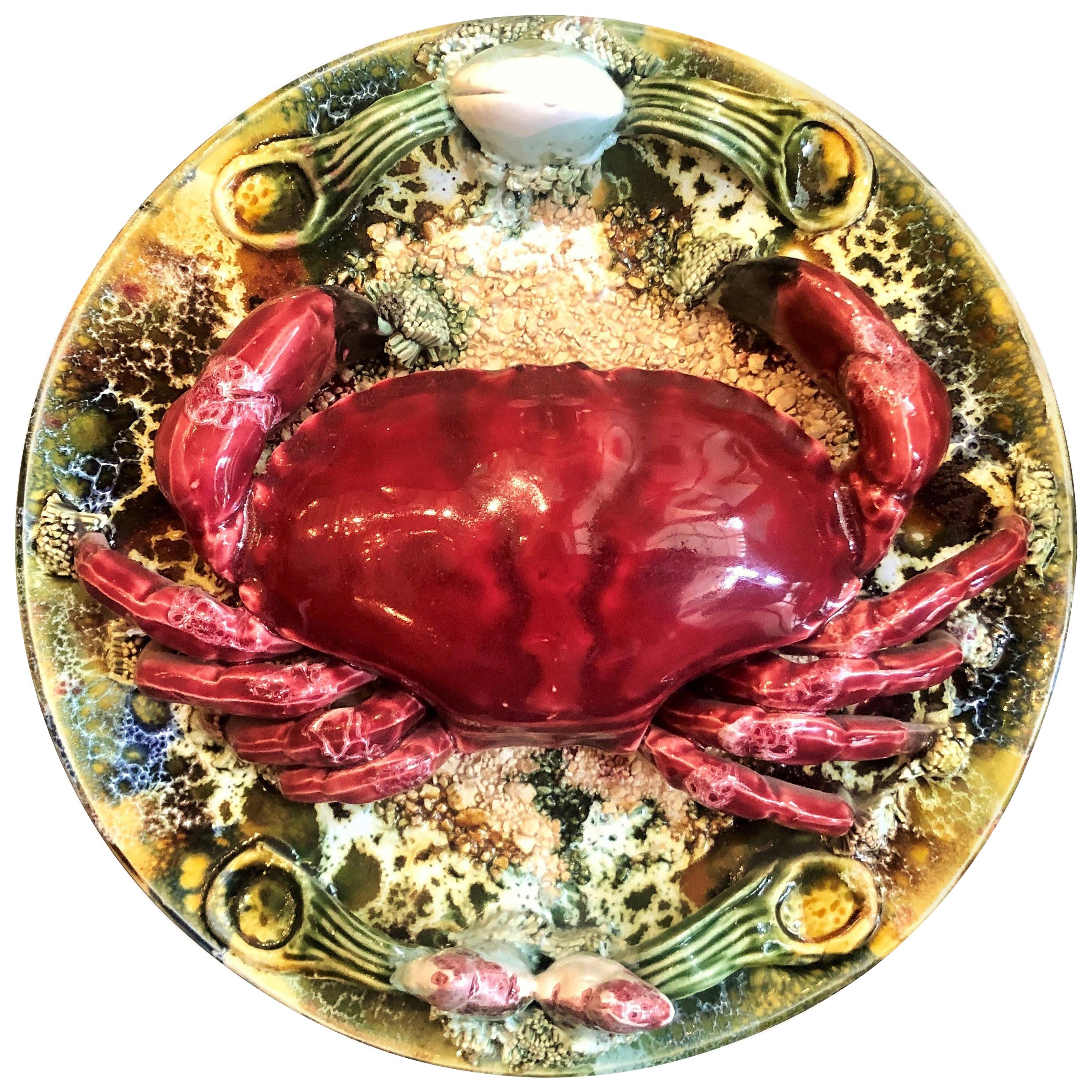 Estate Portuguese Hand Painted Majolica Seafood Plate, Small Crab Design