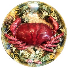 Estate Portuguese Hand Painted Majolica Seafood Plate, Small Crab Design