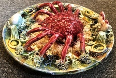 Estate Portuguese Hand Painted Majolica Seafood Plates, Crab Design