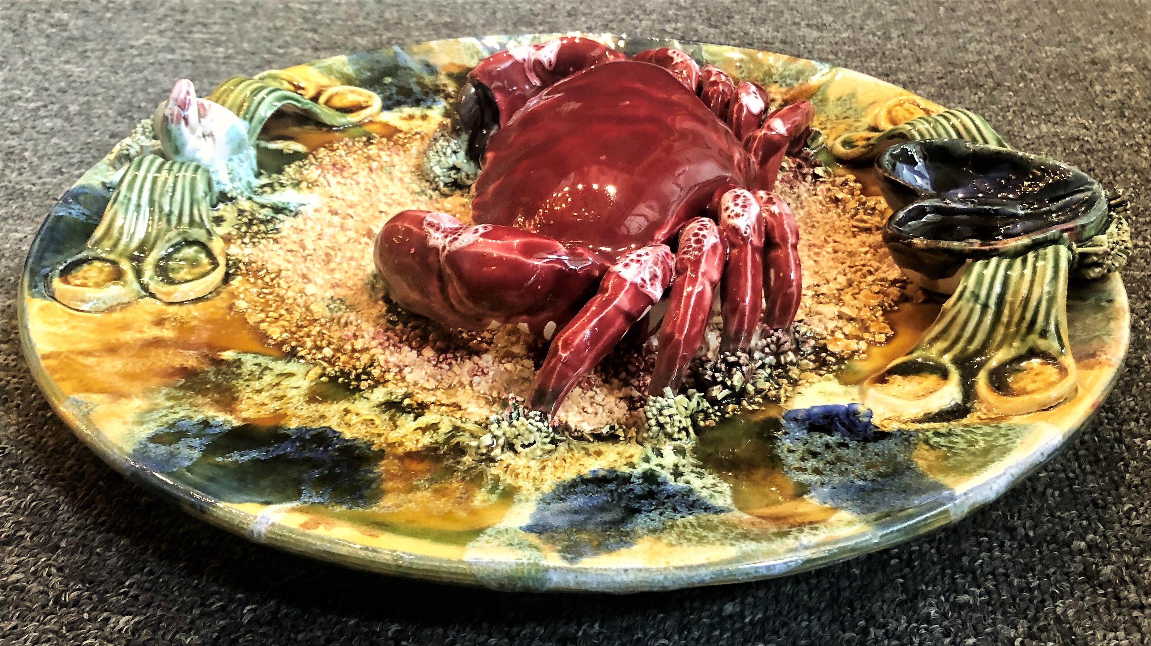 Estate Portuguese hand painted Majolica seafood plates, large crab design.