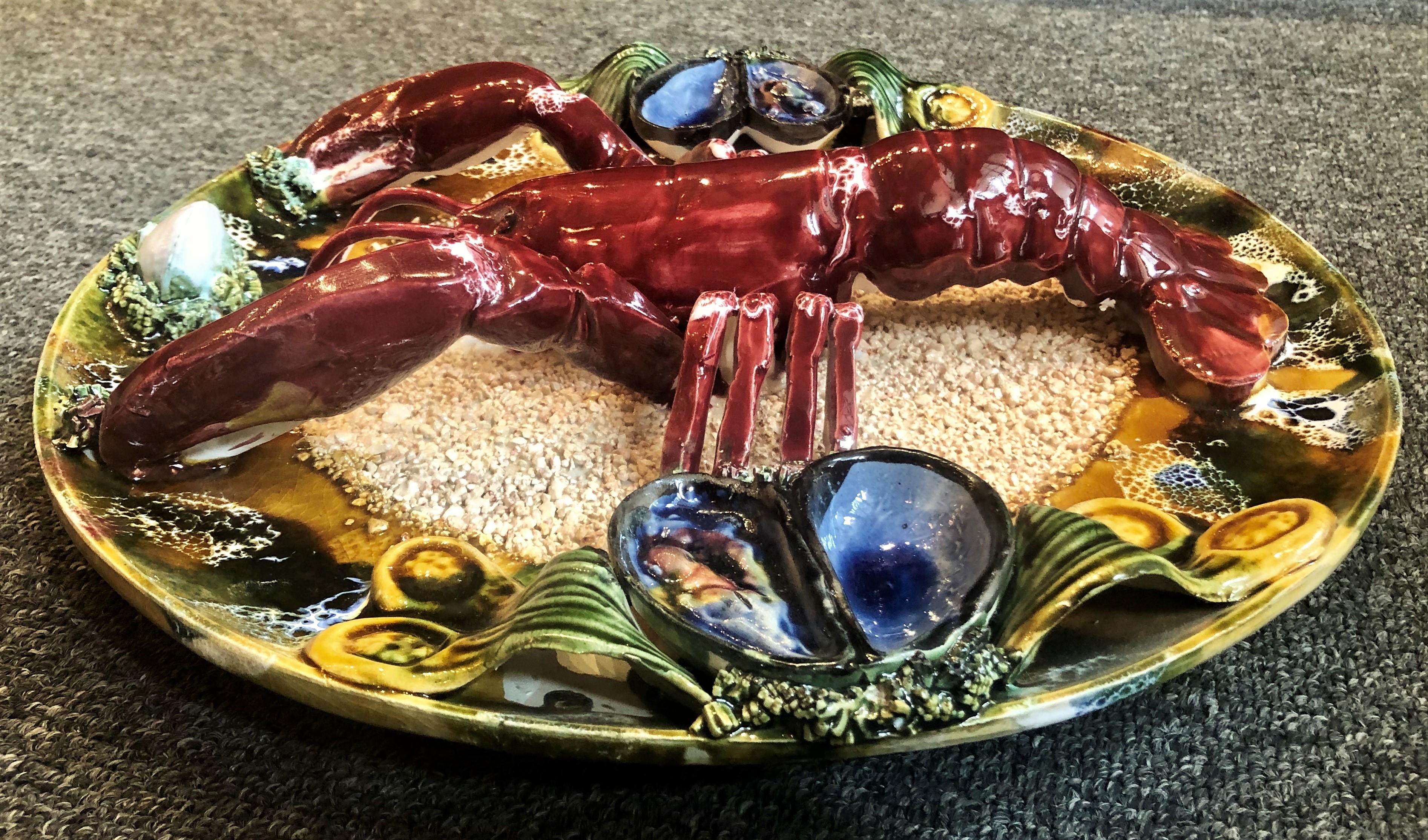 Estate Portuguese hand painted Majolica seafood plates, lobster design.