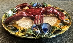 Estate Portuguese Hand Painted Majolica Seafood Plates, Lobster Design