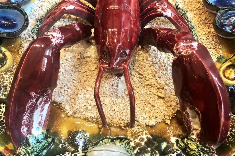 Estate Portuguese Hand Painted Majolica Seafood Plates, Lobster Design at 1stDibs
