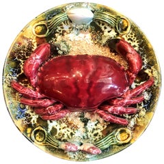 Estate Portuguese Hand Painted Majolica Seafood Plates, Small Crab Design