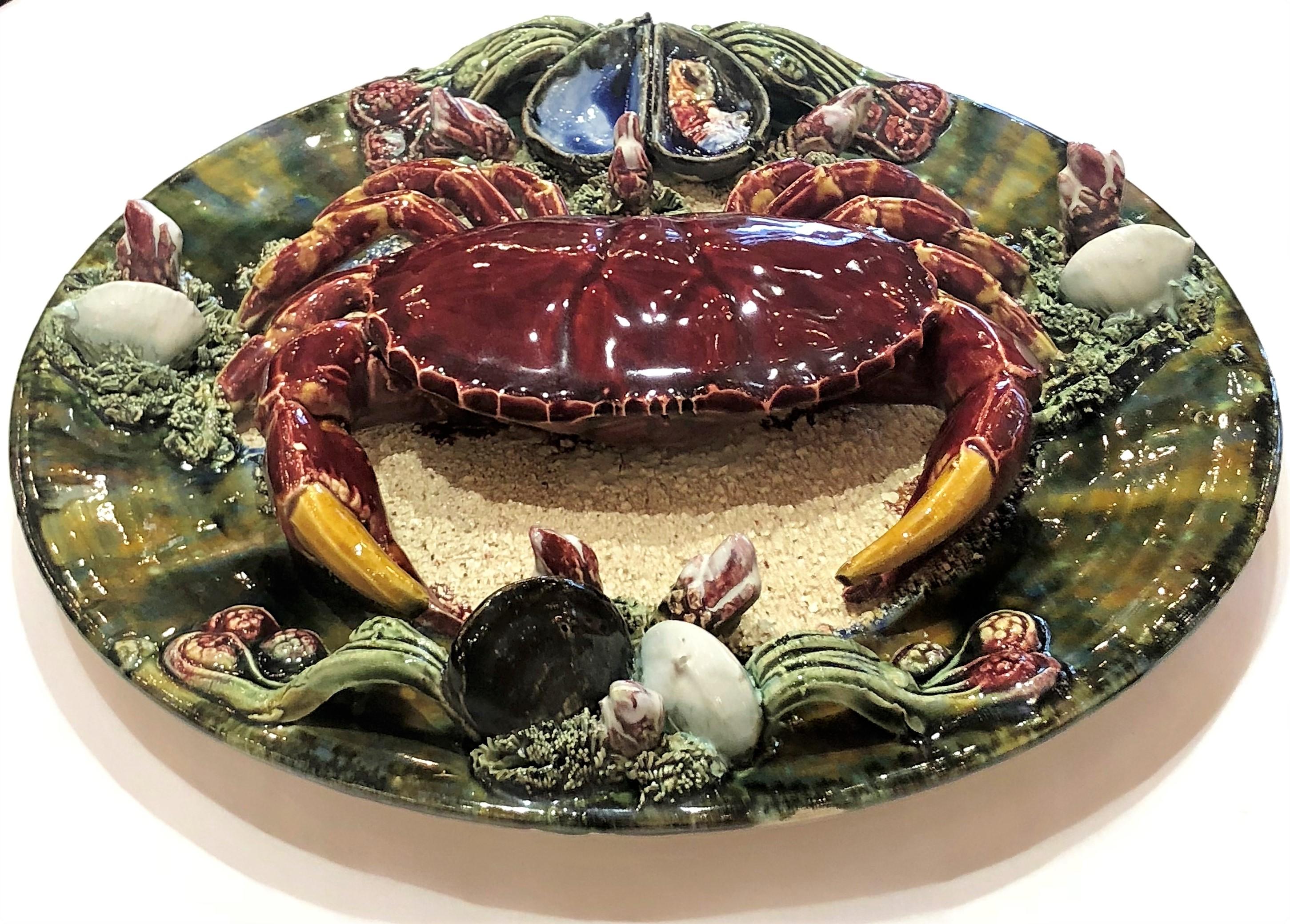 Estate Portuguese palissy style crab plate, circa 1950.