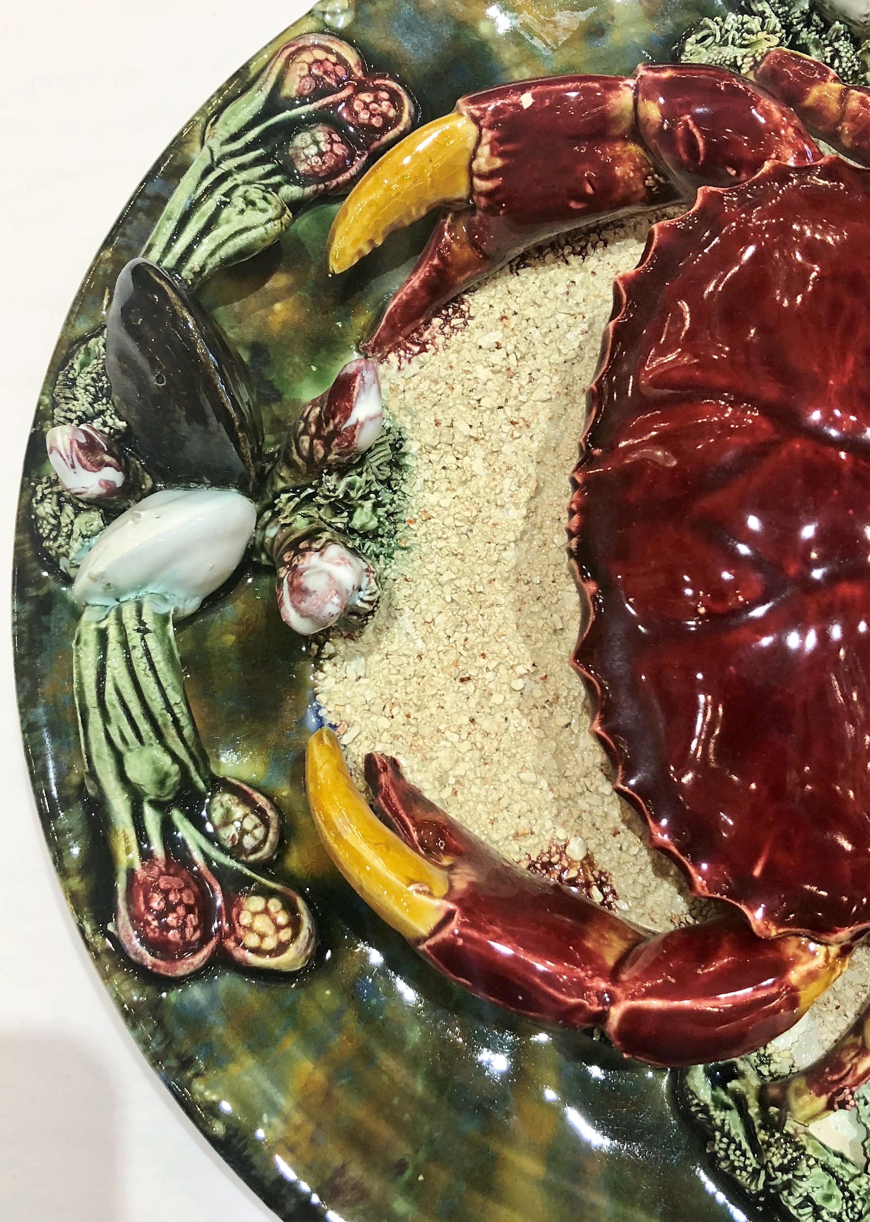 Estate Portuguese Palissy Style Crab Plate, circa 1950 In Excellent Condition In New Orleans, LA