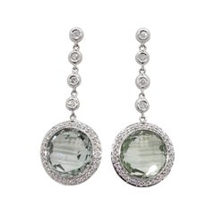 Estate Prasiolite and White Diamond Dangle Earrings in 14k White Gold