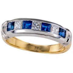 Estate Princess Cut Diamonds Sapphires Gold Ring Band