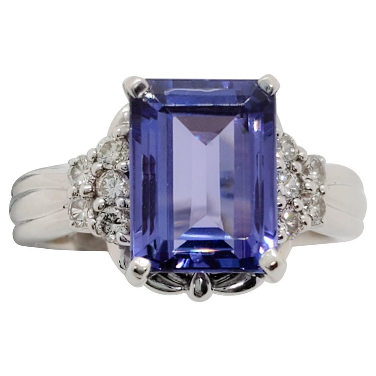 Estate Purple Tanzanite Emerald Cut And White Diamond Ring In Platinum For Sale At 1stdibs