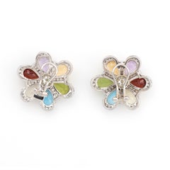 Estate Rainbow Gemstone Diamond Earrings Flower 14 Karat Gold Jewelry Large