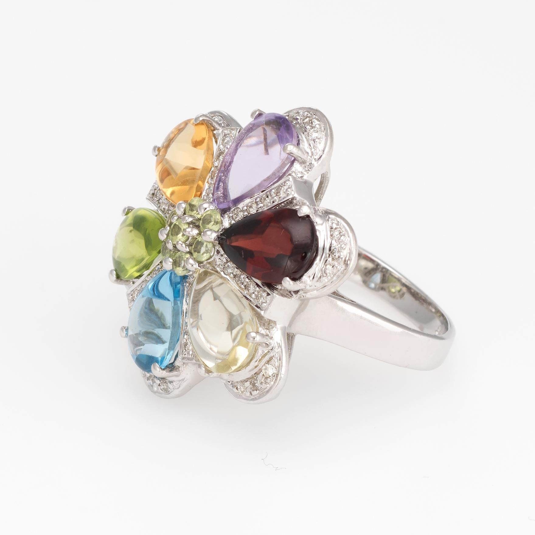 Modern Estate Rainbow Gemstone Diamond Ring 14 Karat White Gold Flower Statement
