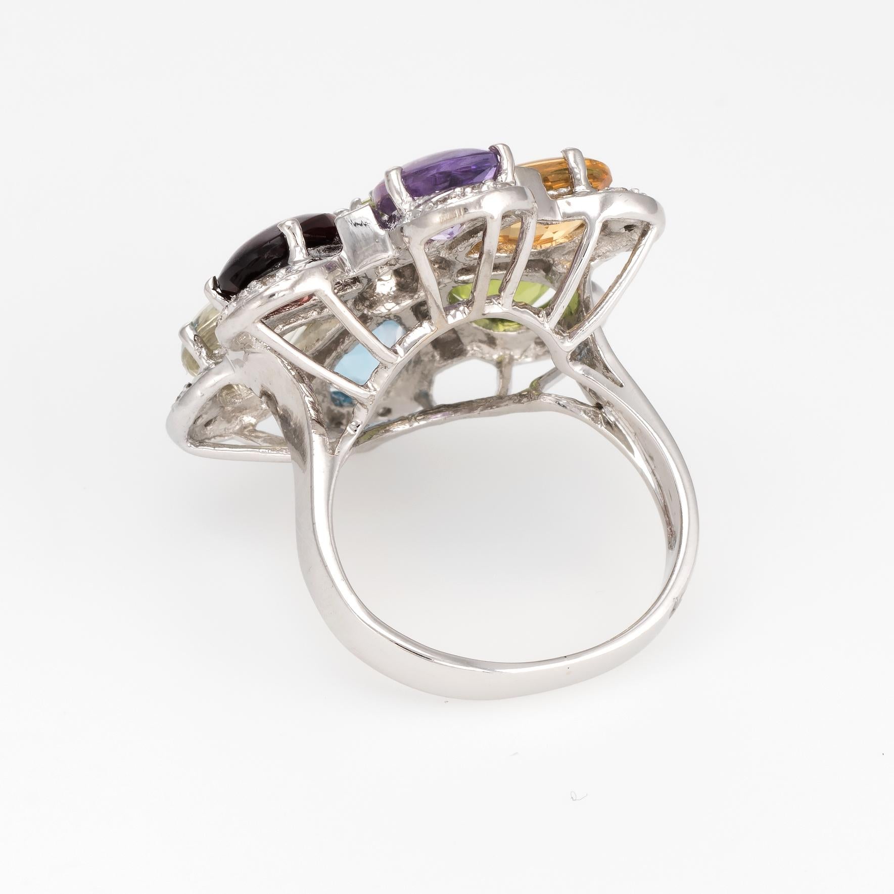 Estate Rainbow Gemstone Diamond Ring 14 Karat White Gold Flower Statement In Excellent Condition In Torrance, CA