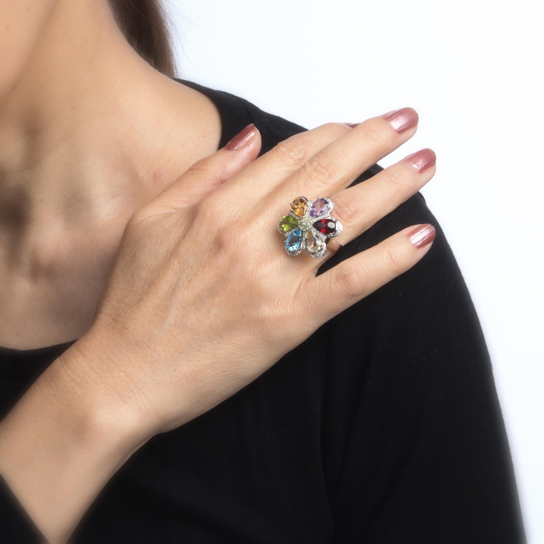 Women's Estate Rainbow Gemstone Diamond Ring 14 Karat White Gold Flower Statement