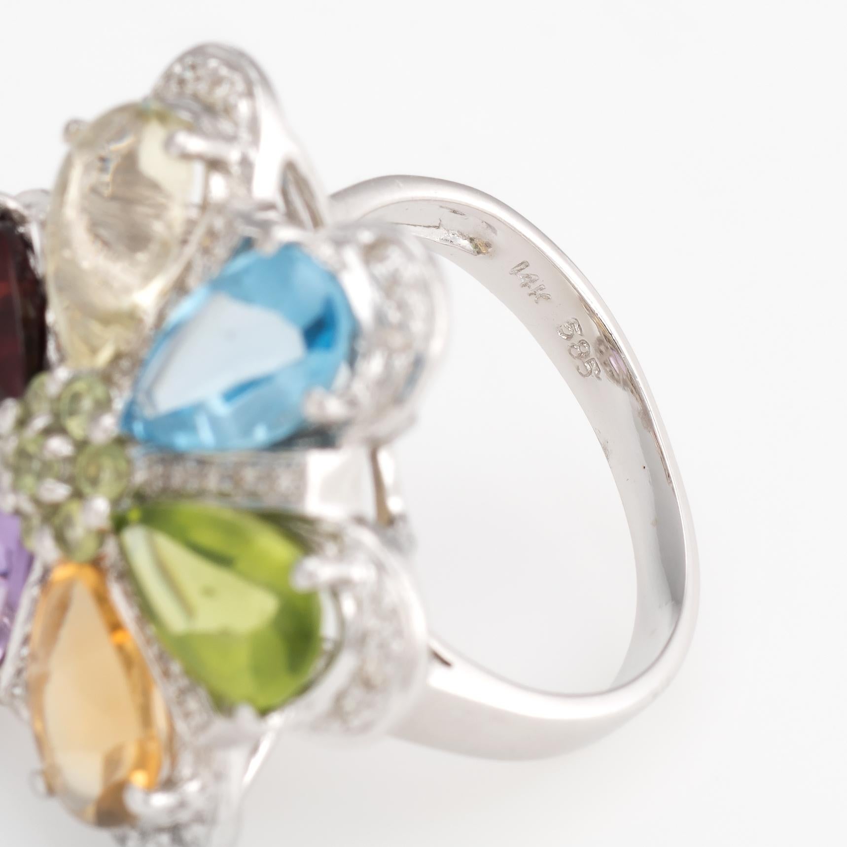 Estate Rainbow Gemstone Diamond Ring 14 Karat White Gold Flower Statement 1