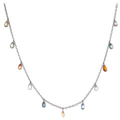 Estate Rainbow Sapphire Fringe Necklace 14 Karat White Gold Choker Briolette Cut