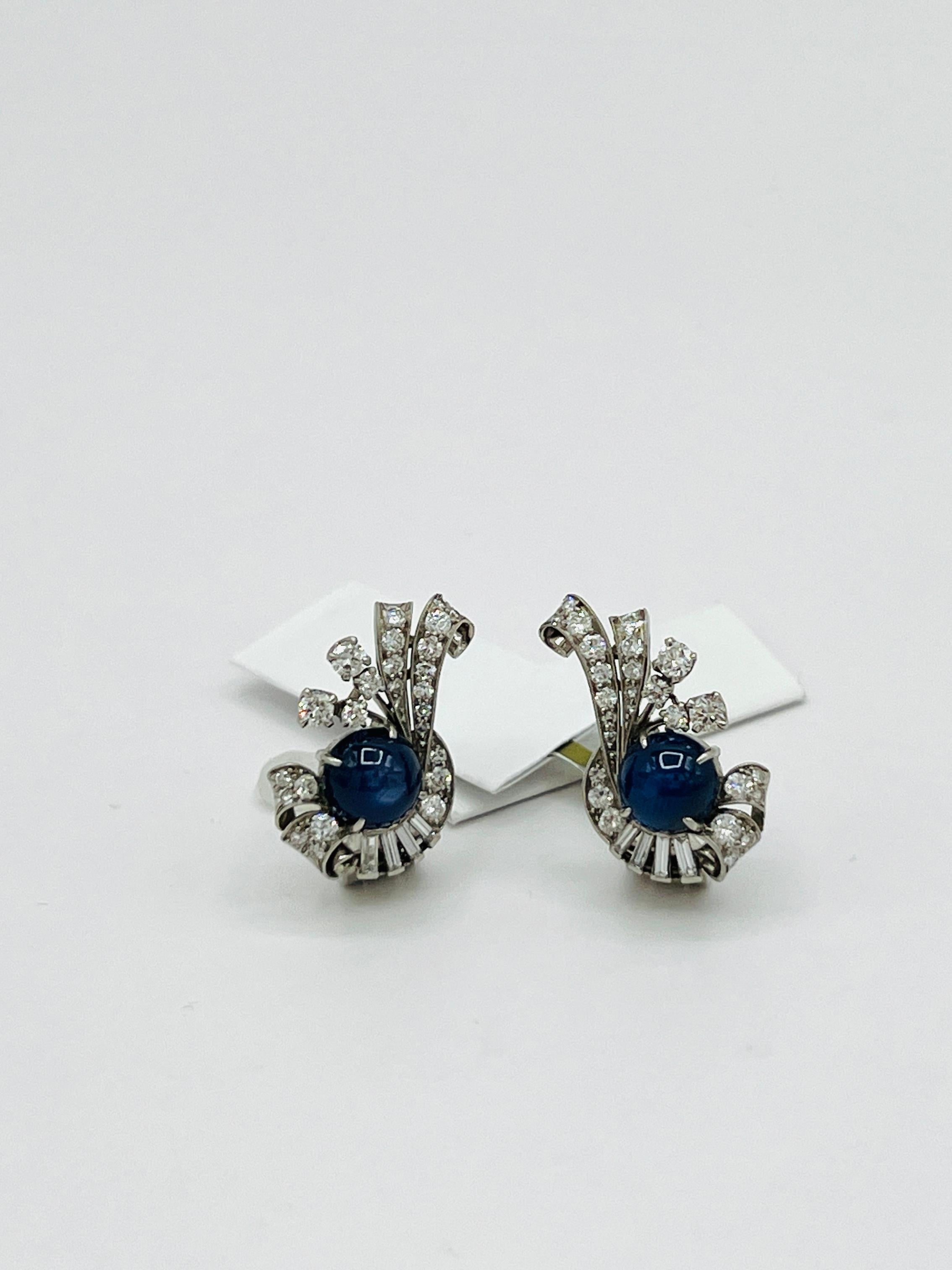 Women's or Men's Estate Raymond Yard Blue Sapphire Cabochon and White Diamond Earrings