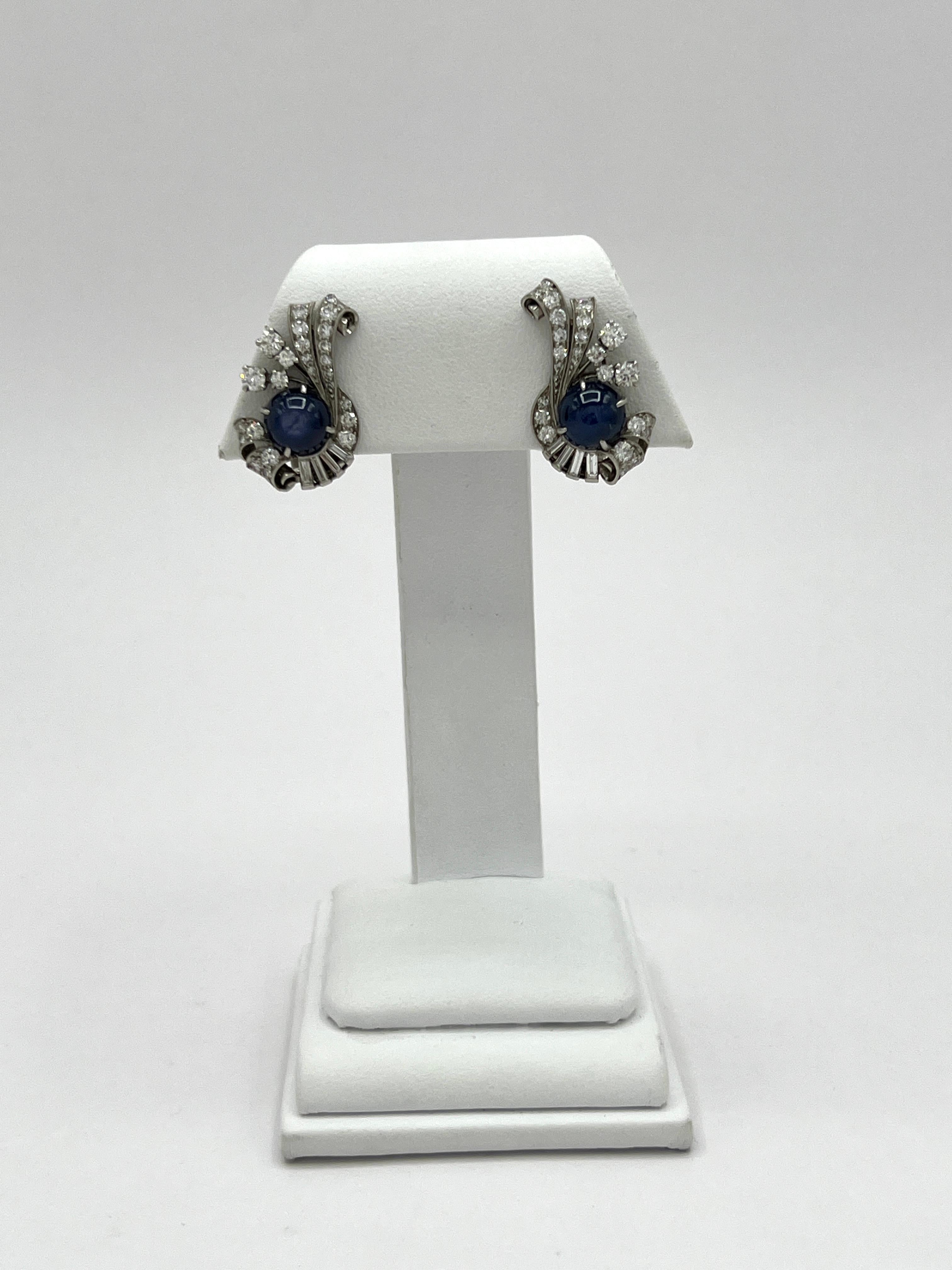 Estate Raymond Yard Blue Sapphire Cabochon and White Diamond Earrings 1