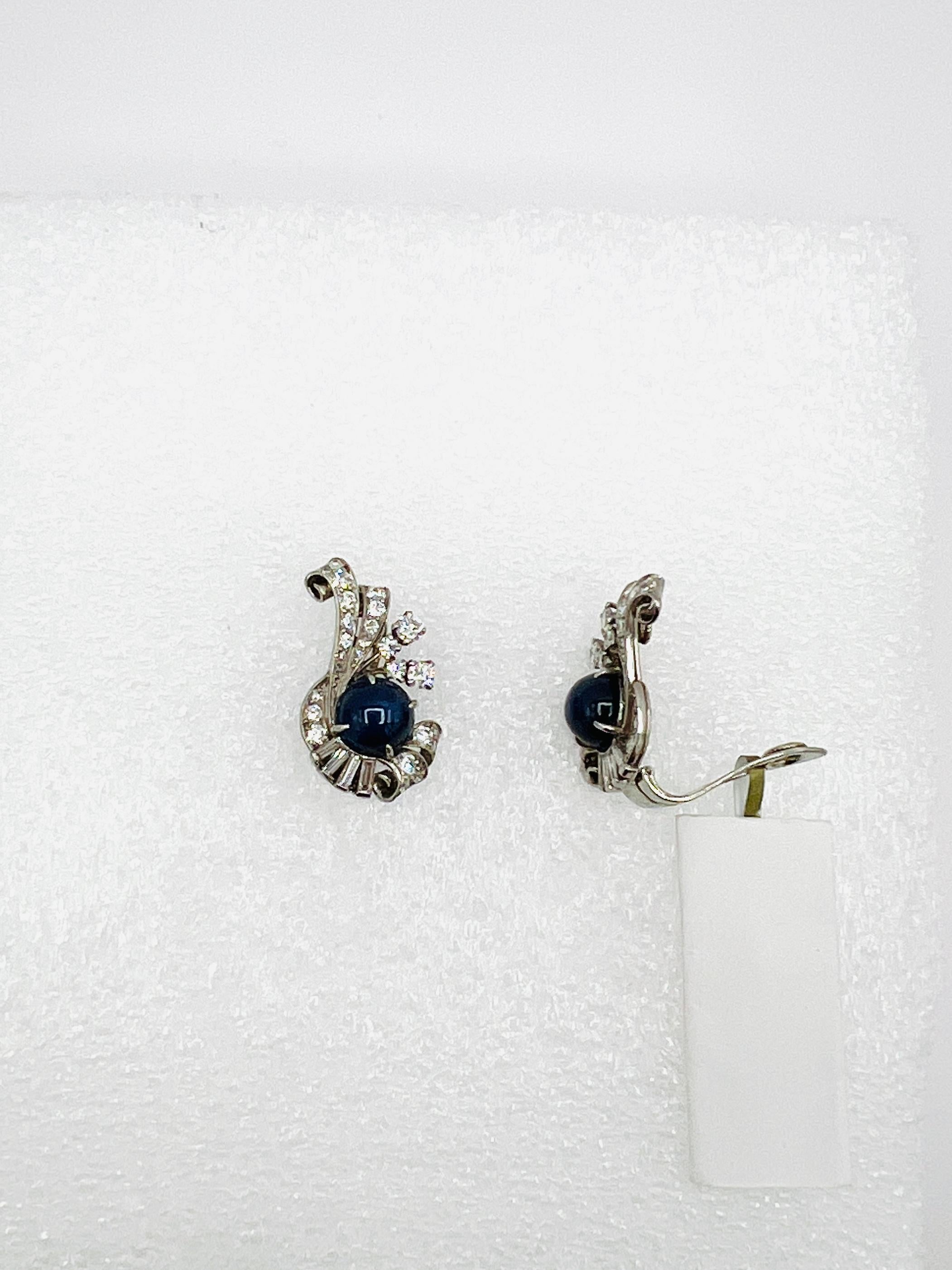 Estate Raymond Yard Blue Sapphire Cabochon and White Diamond Earrings 2