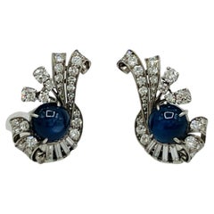 Estate Raymond Yard Blue Sapphire Cabochon and White Diamond Earrings