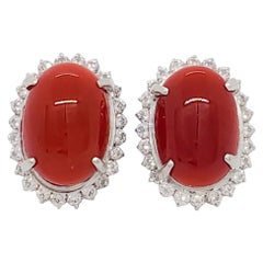 Used Estate Red Coral and White Diamond Earring Studs in Platinum