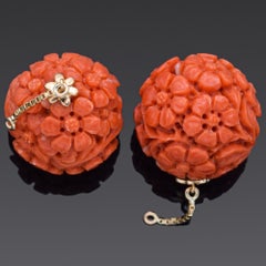 Estate Red Coral Yellow Gold Floral Carved Ball Ear Jacket Earrings