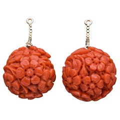 Estate Red Coral Yellow Gold Floral Carved Ball Ear Jacket Earrings