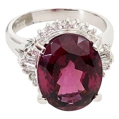 Estate Red Garnet Oval and White Diamond Cocktail Ring in Platinum