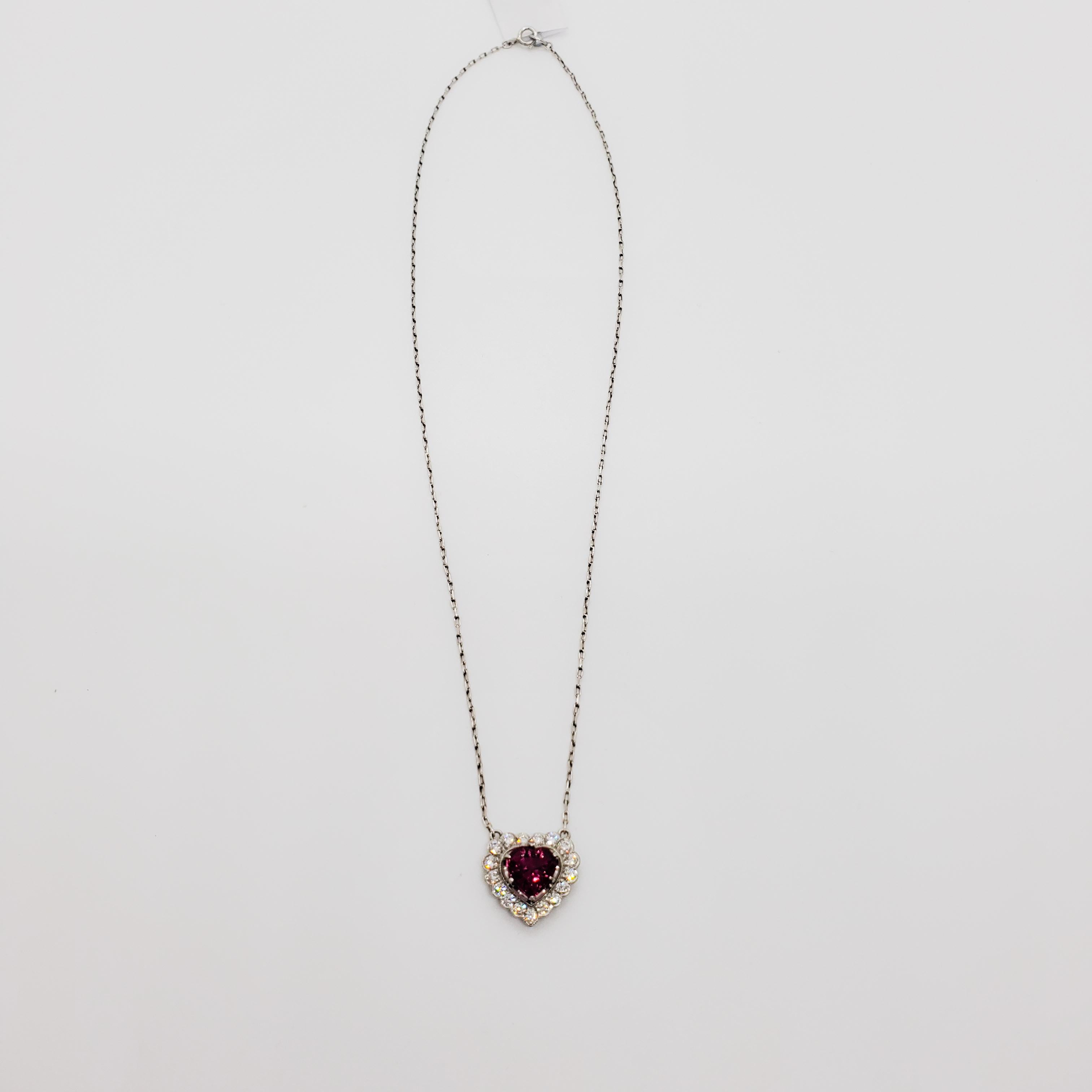 Heart Cut Estate Red Tourmaline and White Diamond Heart Pendant Necklace in Platinum
