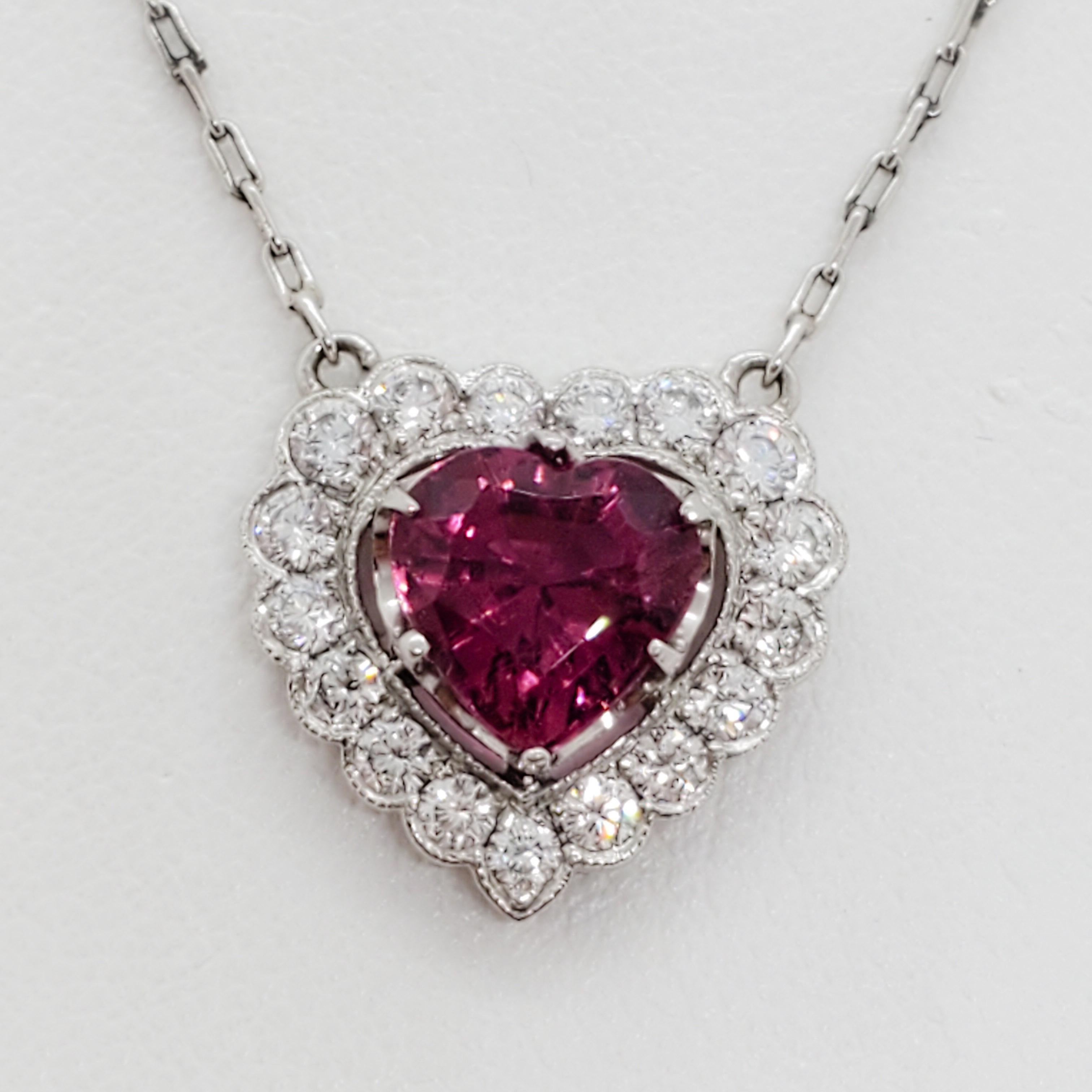 Women's or Men's Estate Red Tourmaline and White Diamond Heart Pendant Necklace in Platinum