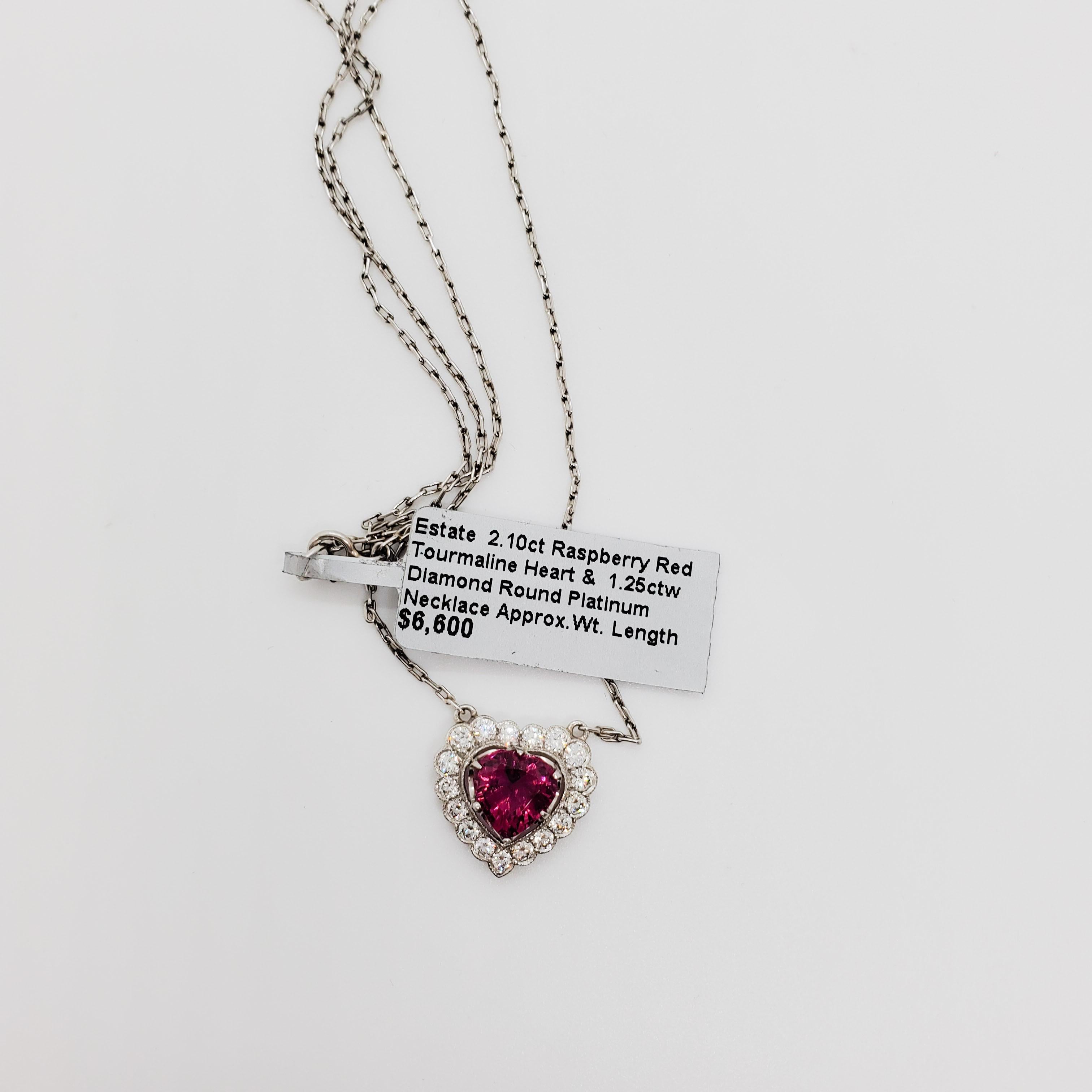 Estate Red Tourmaline and White Diamond Heart Pendant Necklace in Platinum 1