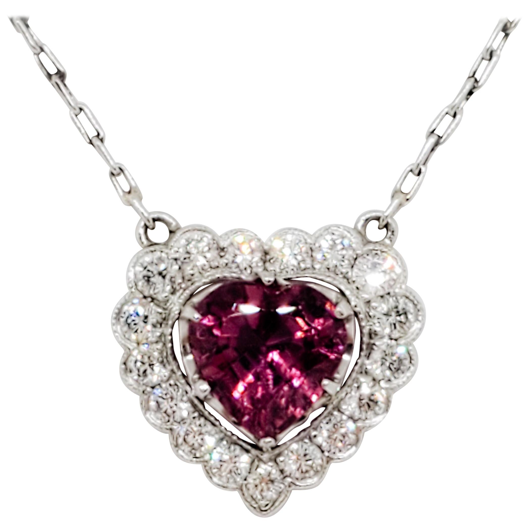 Estate Red Tourmaline and White Diamond Heart Pendant Necklace in Platinum